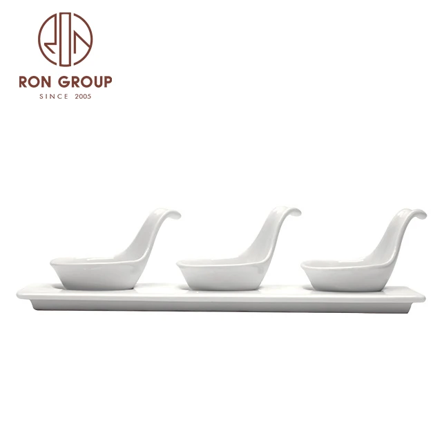 Wholesale Good Quality Restaurant Tableware Sauce White Porcelain Serving Plate Tray Bowls Sets Snack Ceramic Dishes with Handle