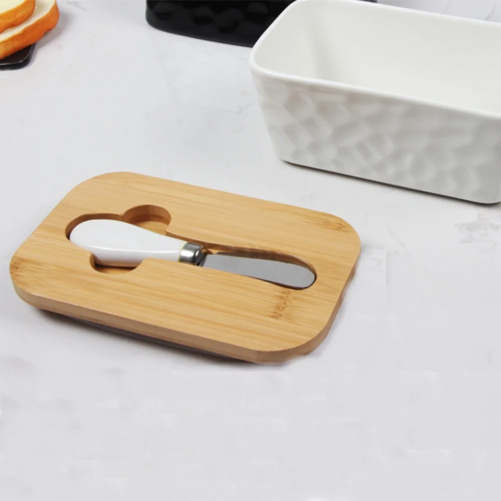 Custom White Small Perfect Ceramic Butter Dish Keeper With Bamboo Lid For West Or East Coast Butter, Kitchen Supplies