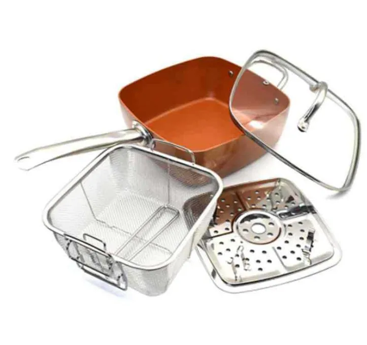 Multifunctional 6 in 1 Square Fry Pan Non-stick Copper Bottom Stainless Steel Cookware Set