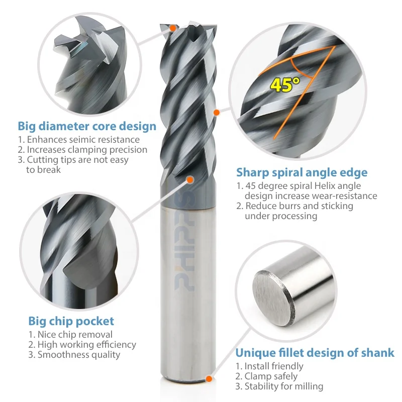 HRC60 professional 4 flutes milling cutter solid tungsen CNC cutter tool speed tiger carbide end mill set