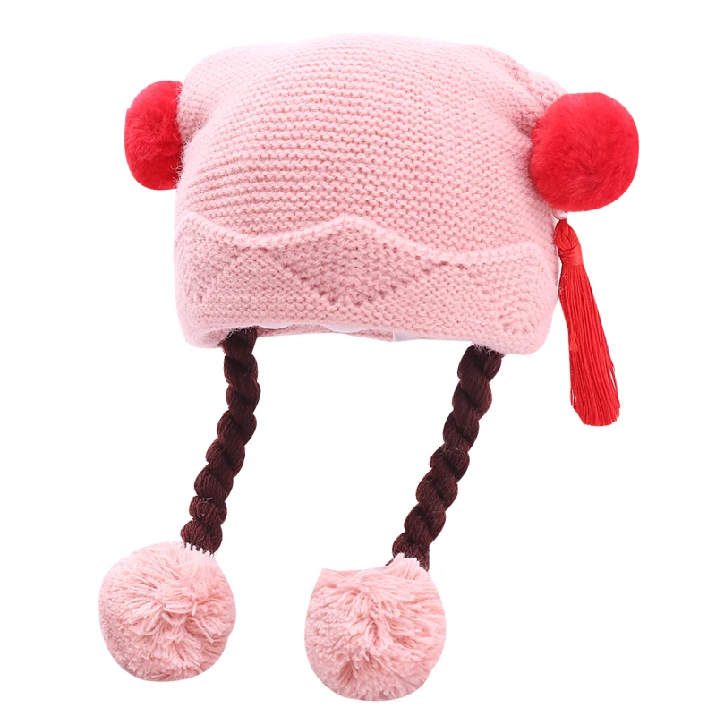 New baby Autumn and Winter Chinese knot pairs pompon artificial wig baby knitted warm hat