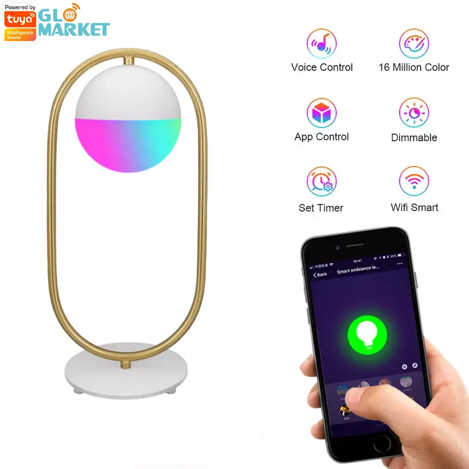 Glomarket Smart Table Lamp Tuya Wifi APP Voice Learning Eye Protection Warm White Light LED RGB Dimmable Smart Lamp for Bedroom