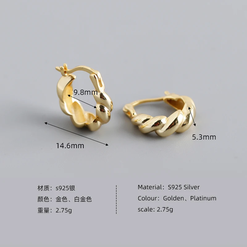 fashion jewelry 925 silver plain chunky chic twist hoop earrings gold plated sterling silver hoop earrings for women