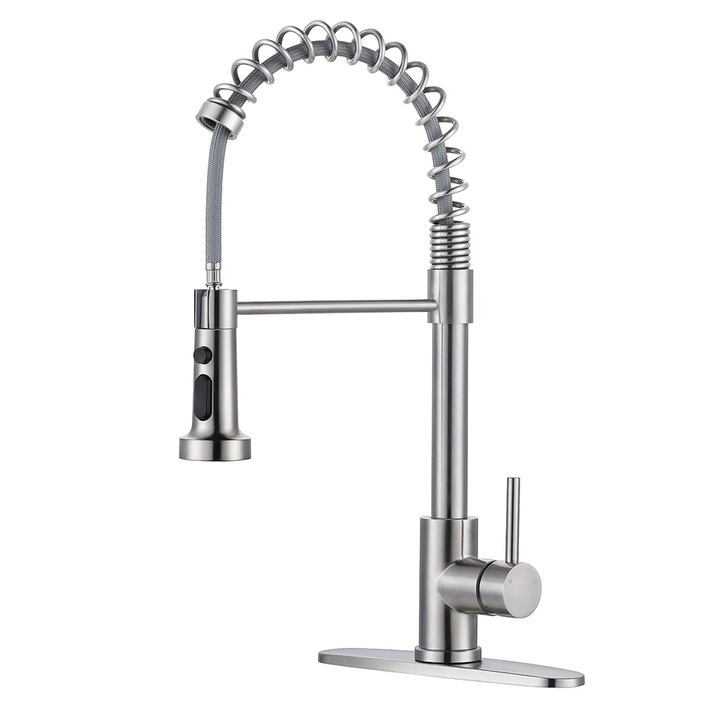 Stainless Steel Spring Kitchen Faucet Single Hole with Deck Plate Pull Out Kitchen Sink Mixer Tap