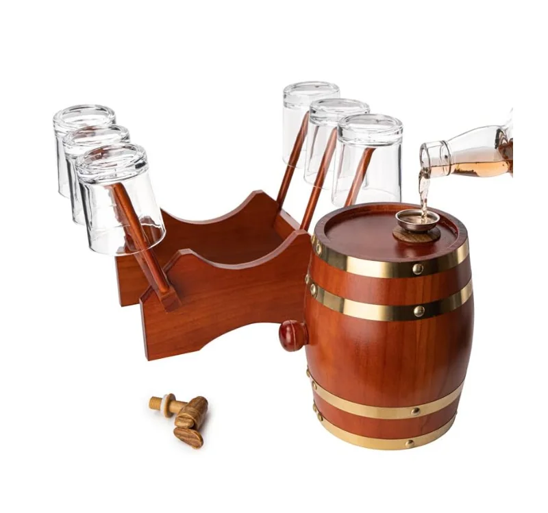 1000 mL Mahogany Wood Old Fashioned Classic Whiskey Decanter Set Barrel Decanter with 6 Whiskey Glasses