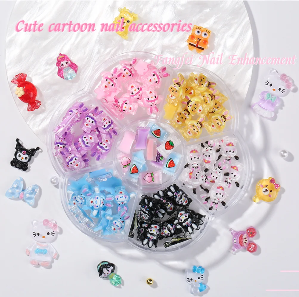 Wholesale 7-grid Mixed Cartoon Nail Charms Decoration Kawaii  Kuromi Cat Head Bear Candy Cute Resin Nail Art Charms