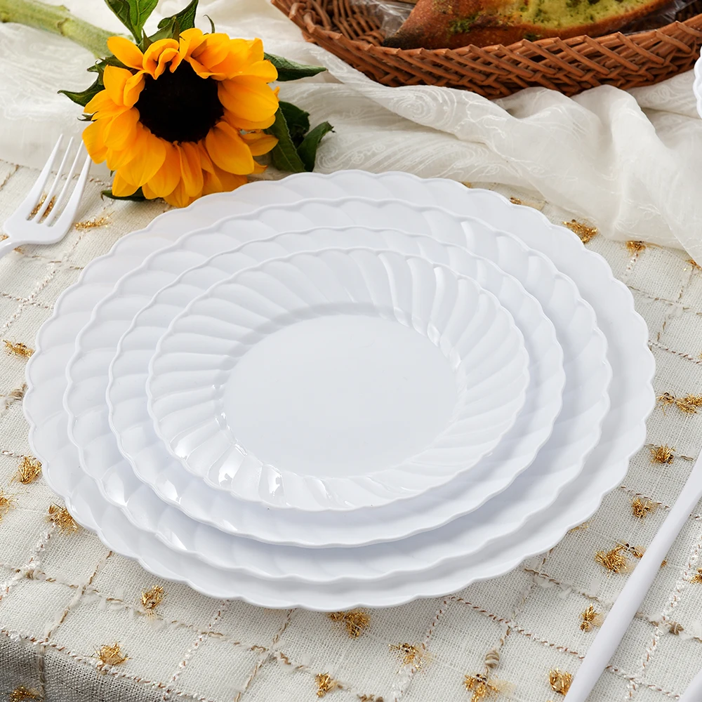 6 inch restaurant disposable round white plastic plates scalloped