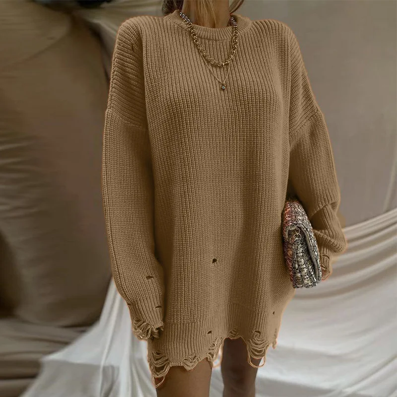 High quality knitted dress V Neck women loose long sleeve hollow pullover casual ladies crop mid length  sweater  dress