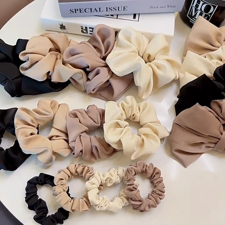 GIRLIZE Wholesale New Designer Women Girls 7/10/13/17cm Solid Color Large Small Satin Silk Bow Scrunchie Elastic Hair Ties Set