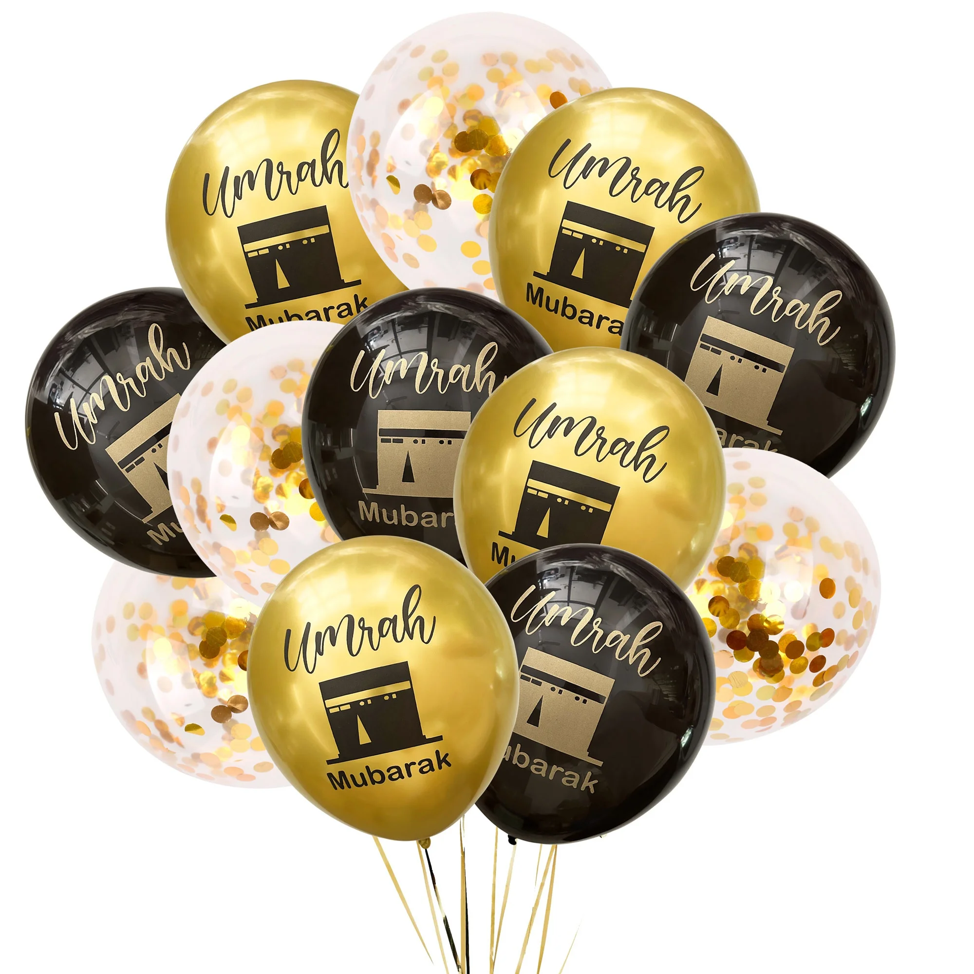 Muslim Umrah Party Decoration 12 inch Umrah Latex Balloon Black Gold Umrah Mubarak Balloons With Kaaba