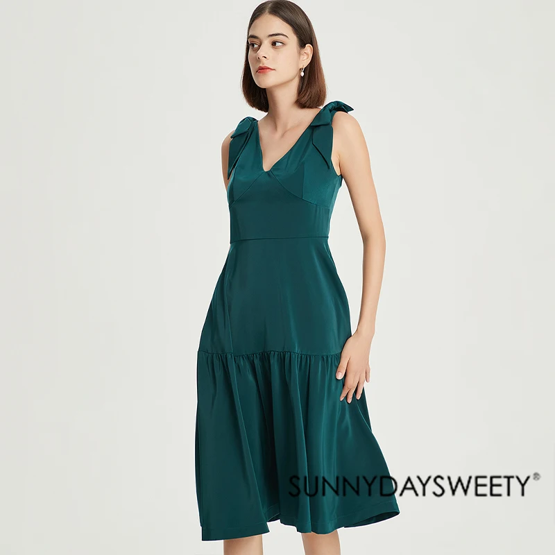 2022 S/S Bow Straps Sleeveless High Waist Hidden Back Zipper One Piece Girls Party Green Satin Princess Dress