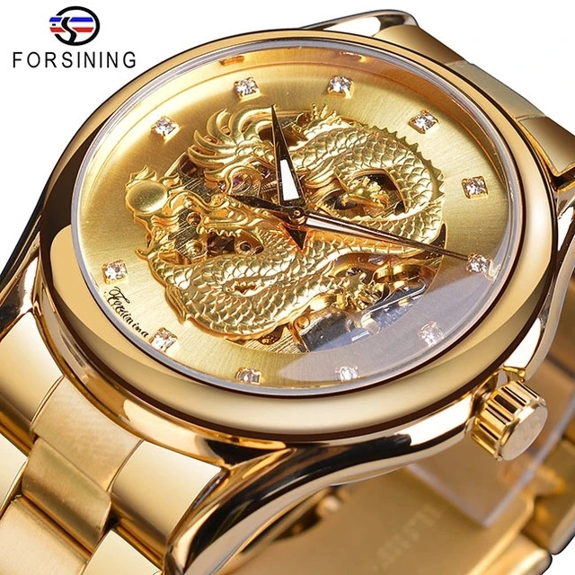 Top New Forsining Men Luxury Classic Dragon Design Gold Stainless Steel Rhinestone Display Men Automatic Wrist Watches Clock