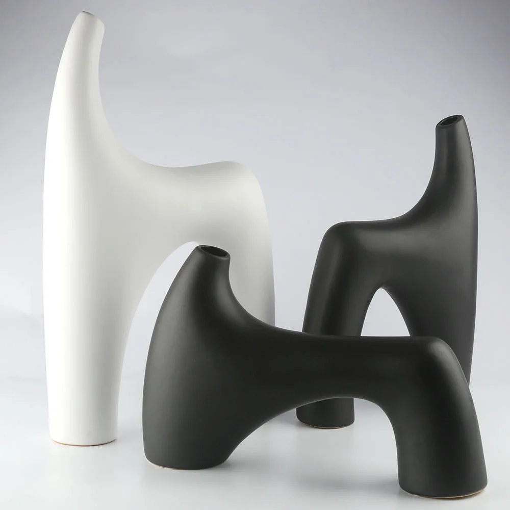 21 inch Matt White and Black Abstract Camel Shape Custom Design Made Ceramic Flower Vase