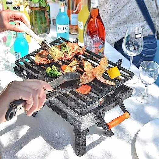 BBQ Indoor Outdoor Portable Steak Chicken Meat Camping Picnic Party BBQ Smoker Small Rectangle Cast Iron Charcoal BBQ Grill