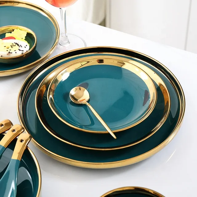 Green ceramic tableware dinnerware set Golden edge  ceramic tableware plate	japan ceramic tableware