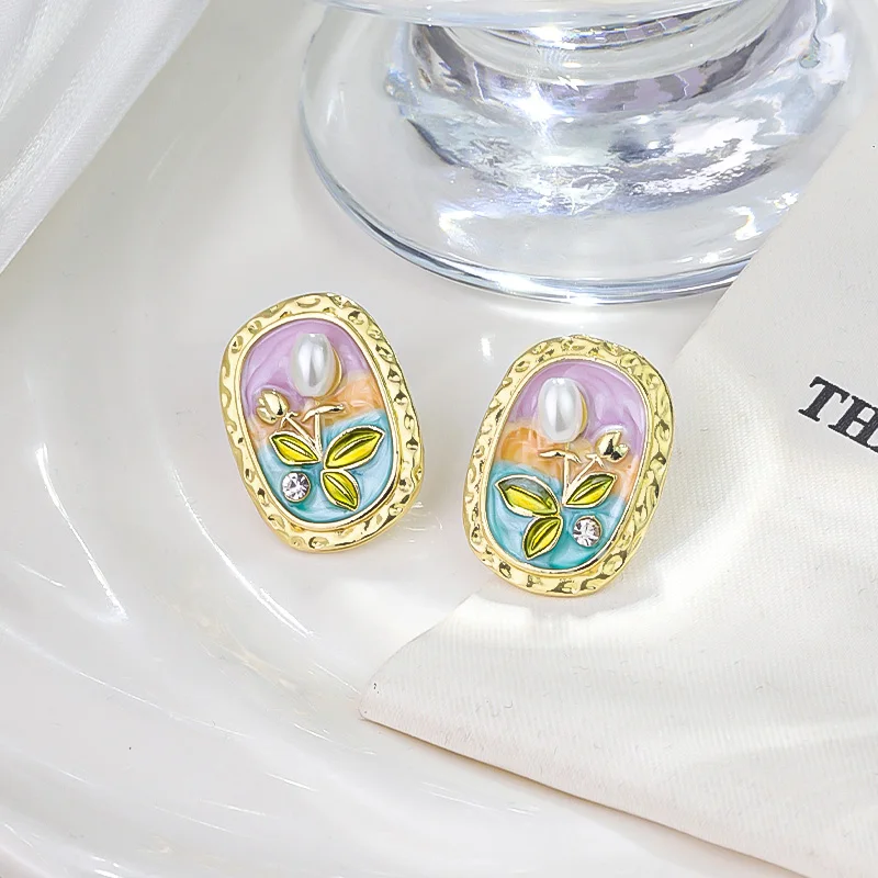 Silver Needle Enamel Drip Inlaid with Diamond Oval Flower Pearl Fashion Trendy Earrings New Chinese Style Fresh  Clean Earrings