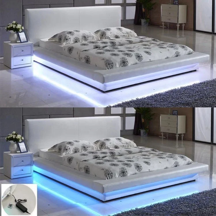 New fashion black double king size high headboard leather LED bed