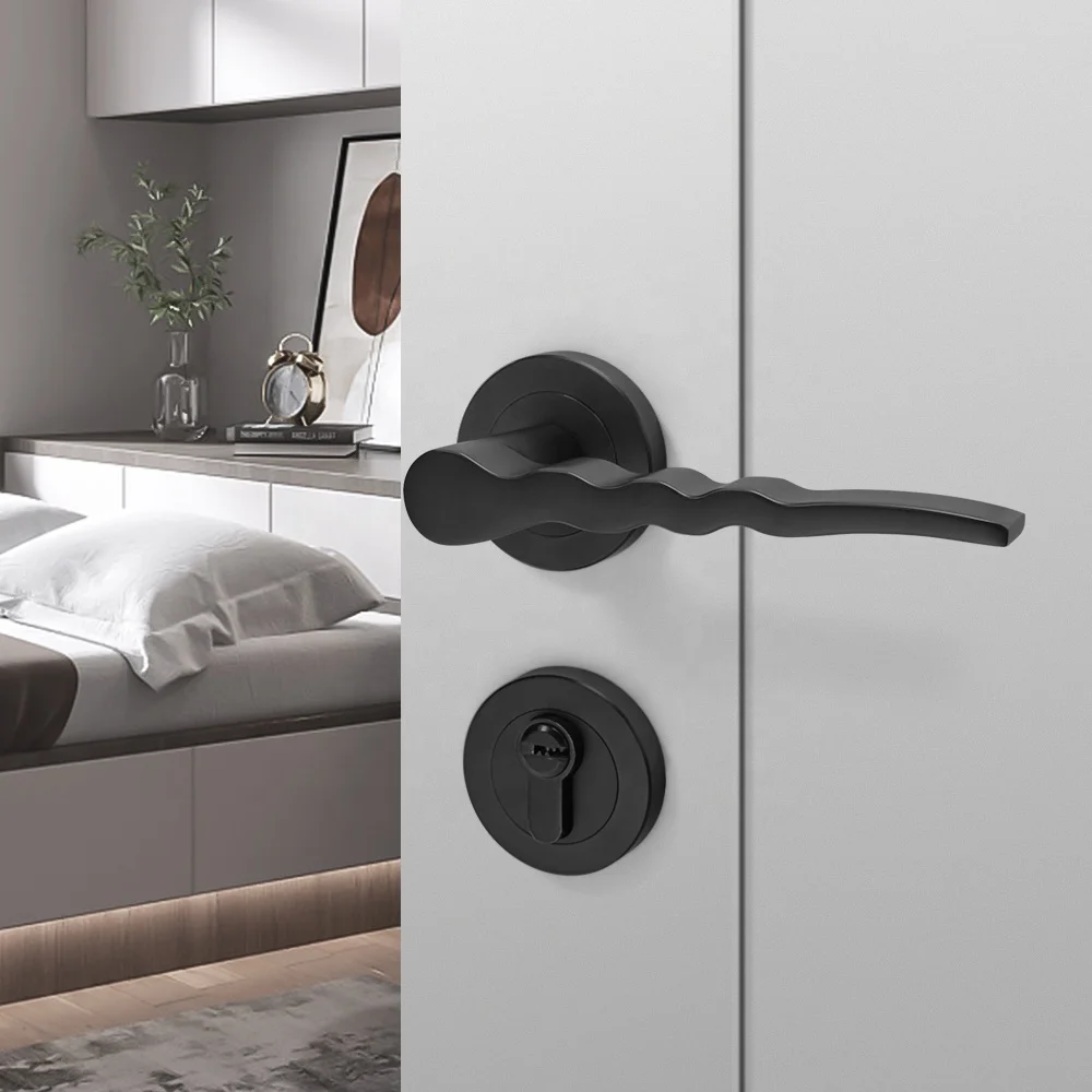 YONFIA 8185R57 designer zinc alloy black interior door handle lock set home bathroom lever door handles black for toilet door