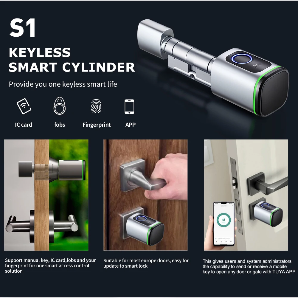 TUYA BLE App Fingerprint RFID IC Card KEY TTLOCK BLE Door Smart Cylinder Lock For Replacing Old Mechanical Cylinder