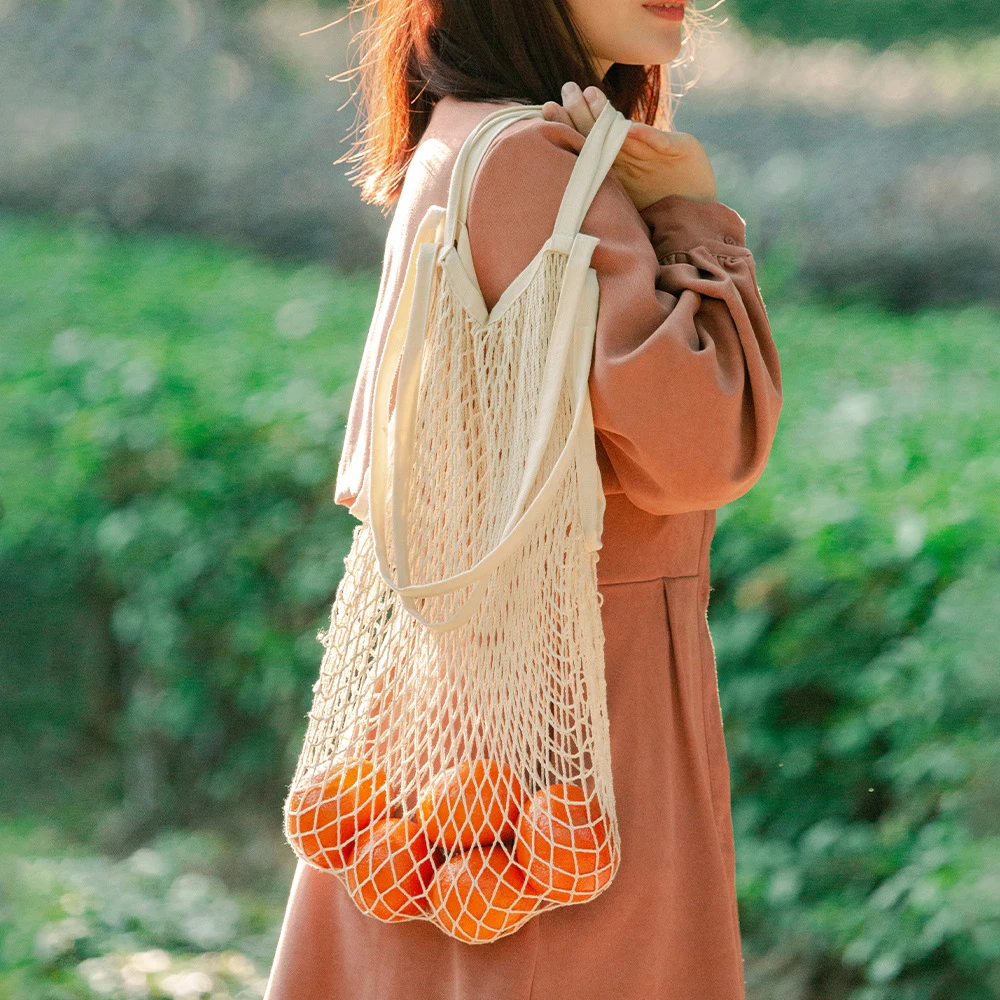 RPET Environmentally Friendly Fruit Bag Supermarket Shopping Recycled Cotton Long Short One Portable Net Bag Polyester Net Bag