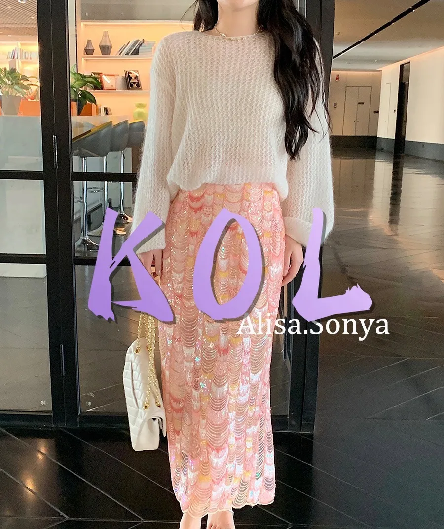 Pink Mermaid Fish scale sequin half length skirt elegant golden high waisted split wrap buttocks long skirt sequin glitter skirt