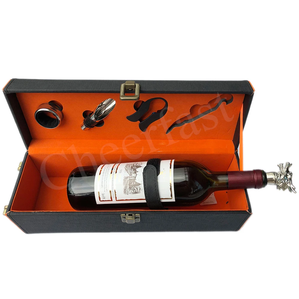 Custom Leatherette Wine Decorative Carrier Gift Box Durable 4pcs Bar Tools Gift Package PU Leather Single Bottle Unique Wine Box