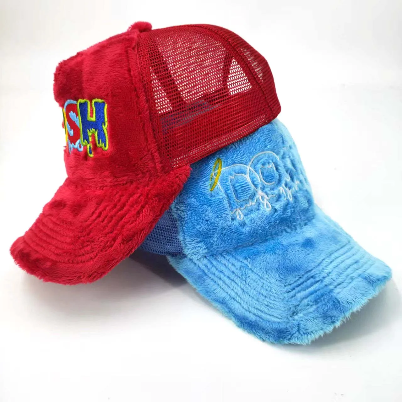 Fluffy Velvet Fuzzy Trucker Caps High Quality Custom Fur Velvet 3D Embroidery Logos Personalized 5-Panel Mesh Trucker Caps