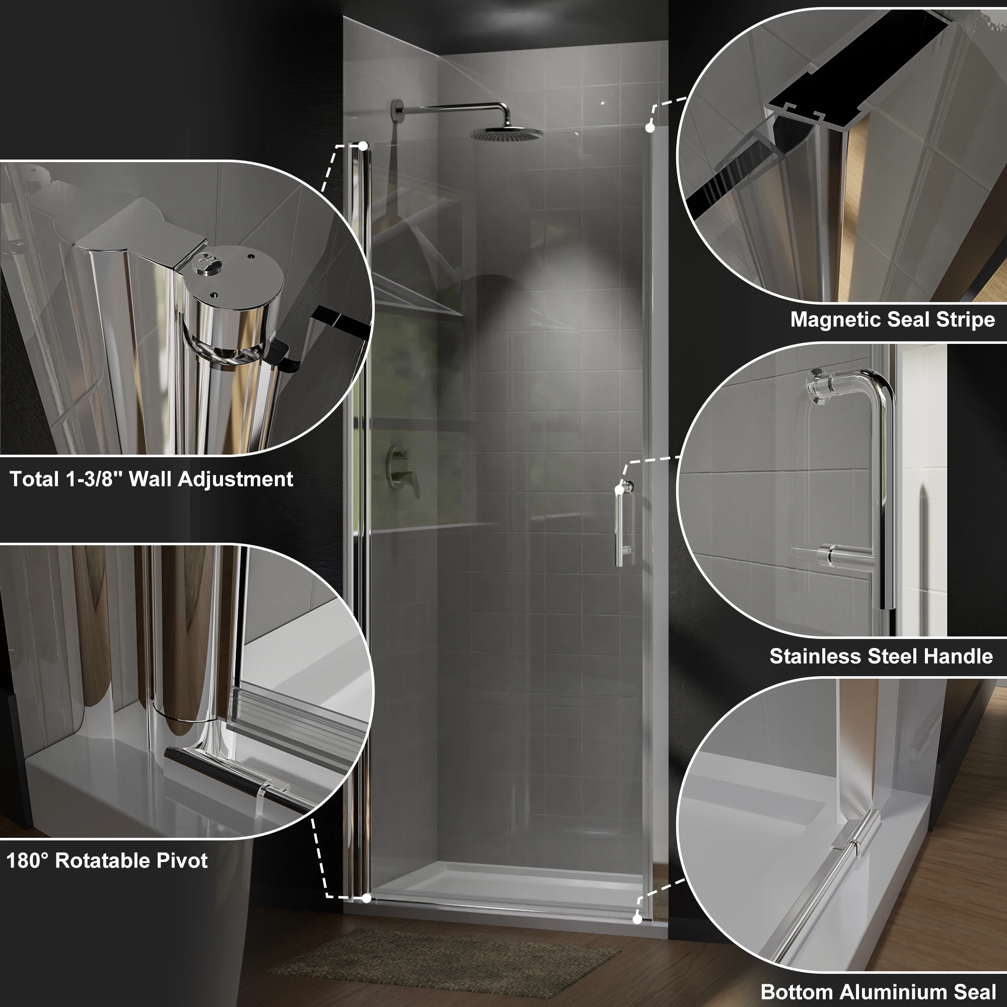 USA Free Shipping Shower Doors Pivot Frameless Shower Door With Clear Glass Silver Bathroom Shower Glass Door