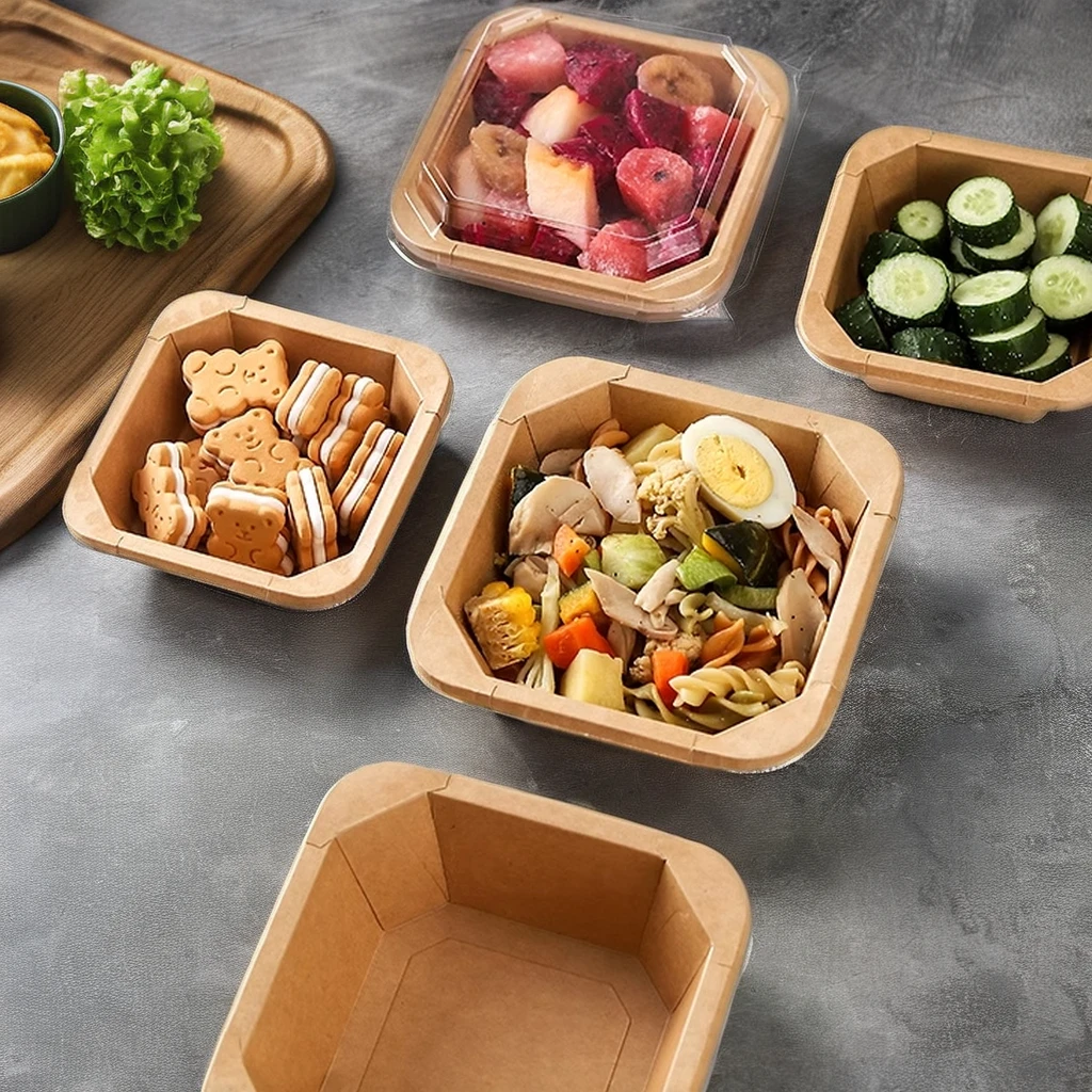 Custom Print Kraft White Disposable Square Paper Lunch Box Food Packaging Salad Container Octangle Paper Bowl with pet lid