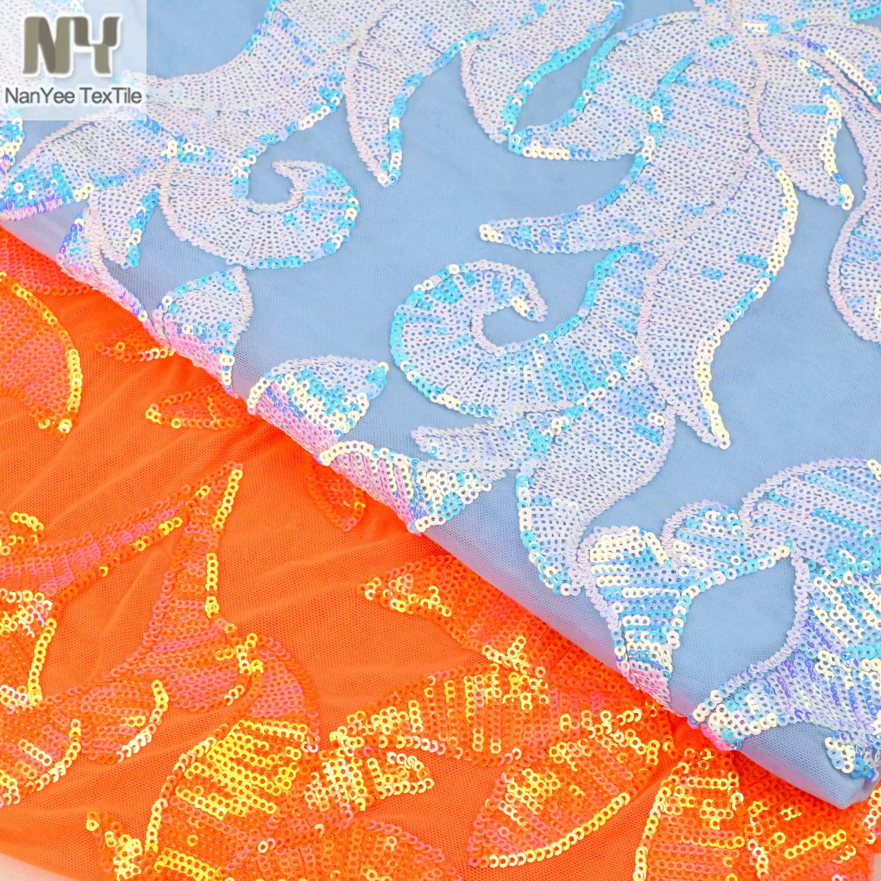 Nanyee Textile 3mm Micro Blue Iridescent Sequin Embroidered On Power Mesh