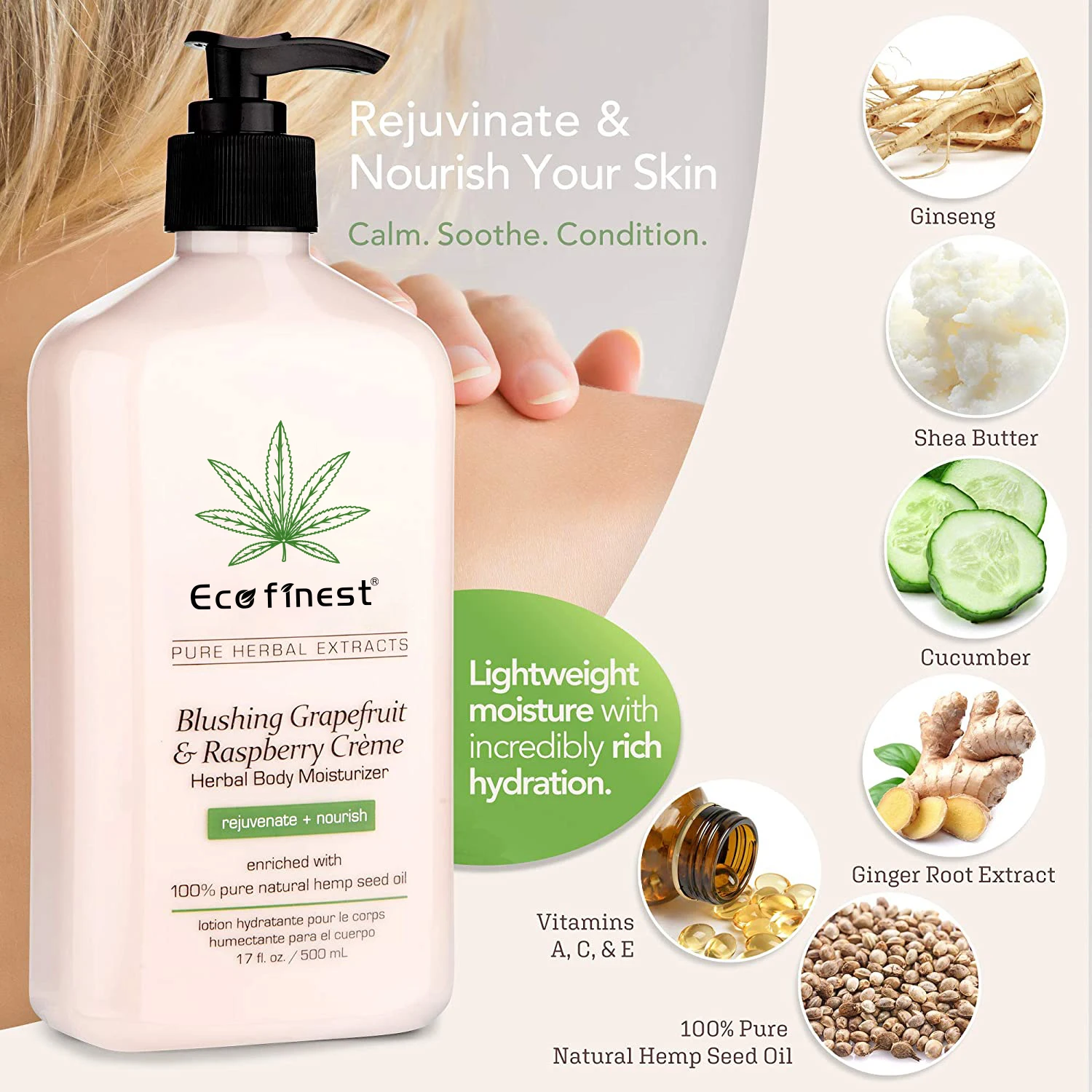 
Hemp seed Oil Blushing Grapefruit & Raspberry Creme Herbal Body Moisturizer Lotion - Fruit Body Cream 