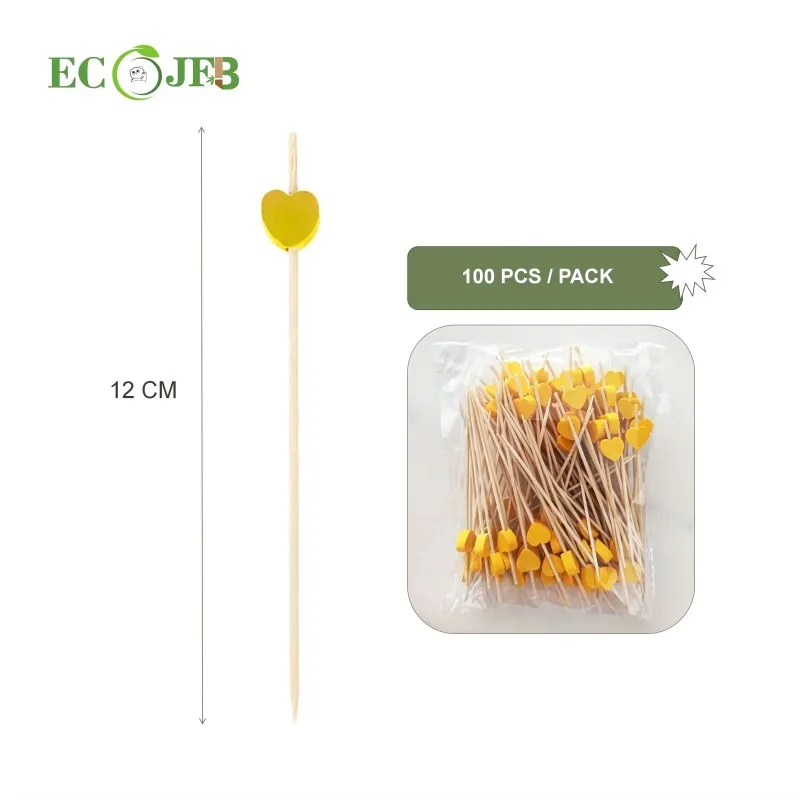 100 PCS Bamboo Yellow Heart Bead Cocktail Picks 4.7inch Party Decoration Toothpick