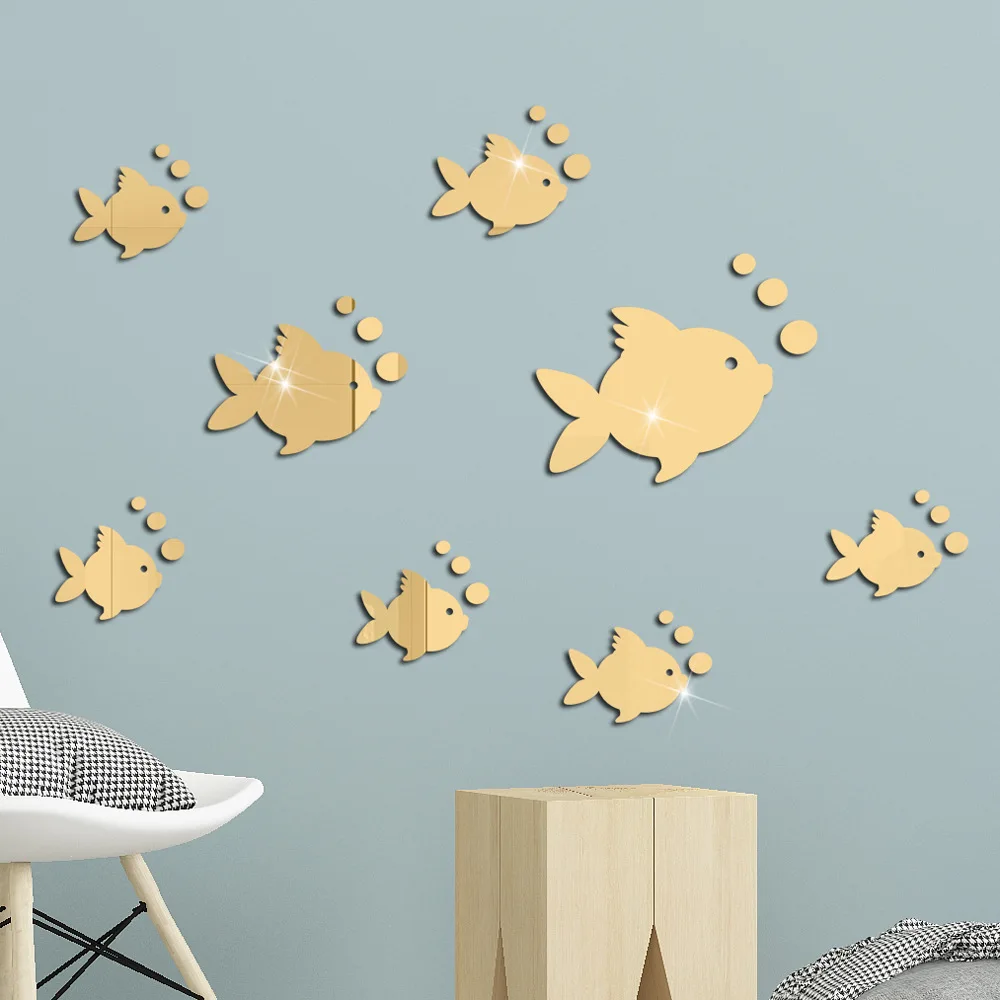 Acrylic Underwater world small fish bubble three-dimensional Mirror Wall Sticker Bedroom Living Room Home Decor Self Adhesive