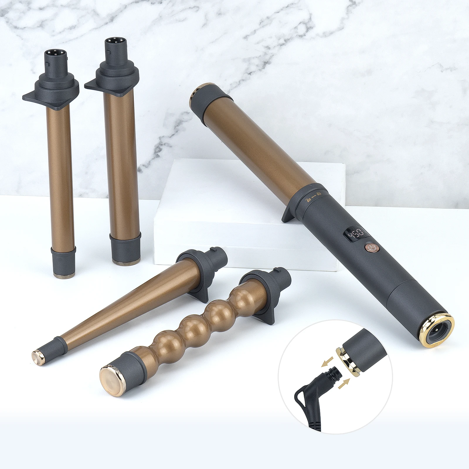 Interchangeable heating barrel hair curler set,  curling wand with patent detachable power cord