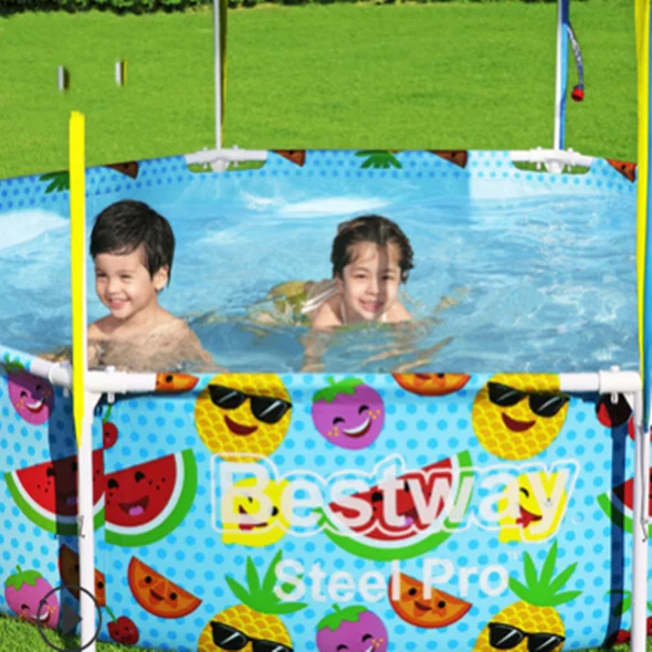 Family garden swimming pool with sunshade umbrella, foldable inflatable family tent pool