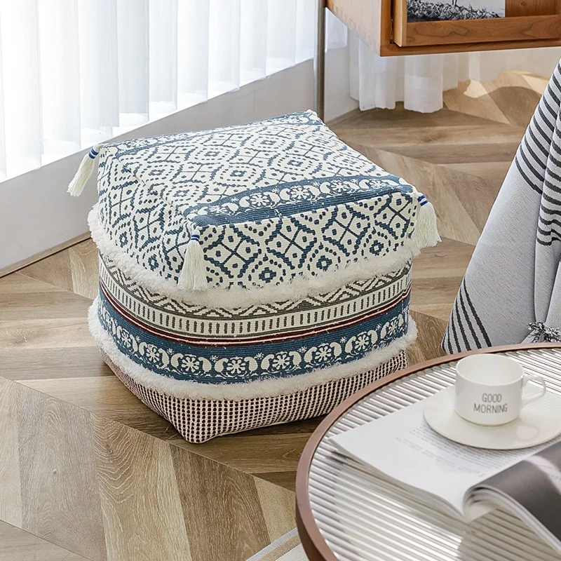 Wholesale moroccan pouf kids home decor handmade square pouf stool ottoman chairs boho printed tufted ottoman pouf cover