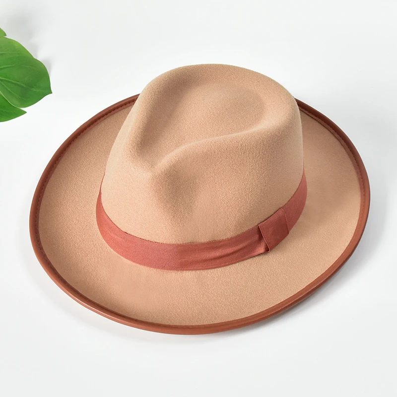 Wholesale Unisex Fedora Hats Polyester big wide brim Felt hats with ribbon Formal Hat