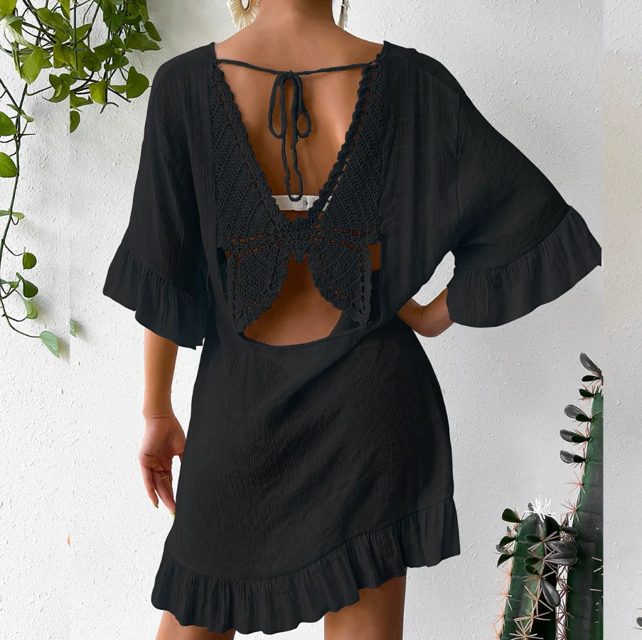 Back Tunic Linen Beach Caftan Swimwear Cover Ups STOCK Two Colors V-NECK Ruffle Hem Crochet