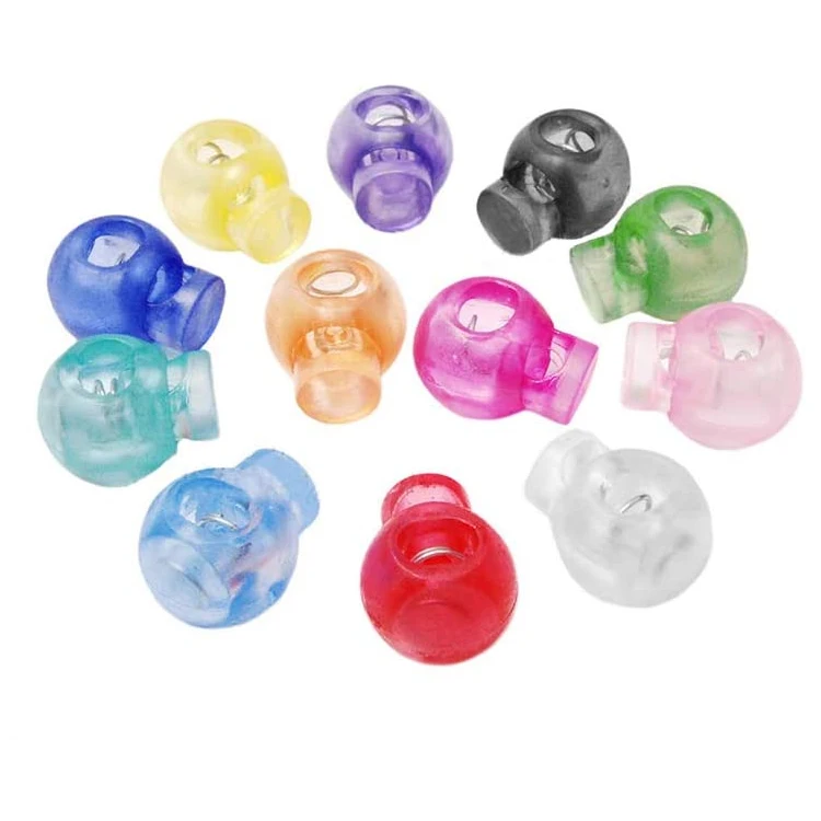 YN Transparent Color Round Ball Shape Plastic Toggle Single Hole Spring Loaded Elastic Drawstring Rope Cord Locks Clip Ends