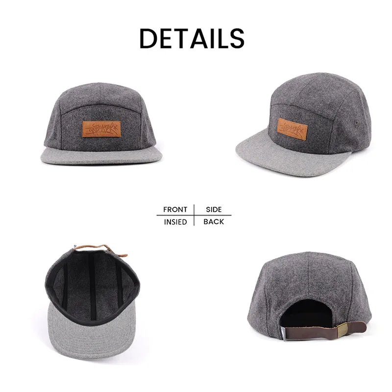 High Quality Winter 5 panel Low Profile Custom Embroidery Unstructured Flat Bill Mens Vintage Melton wool Snapback Caps Hat
