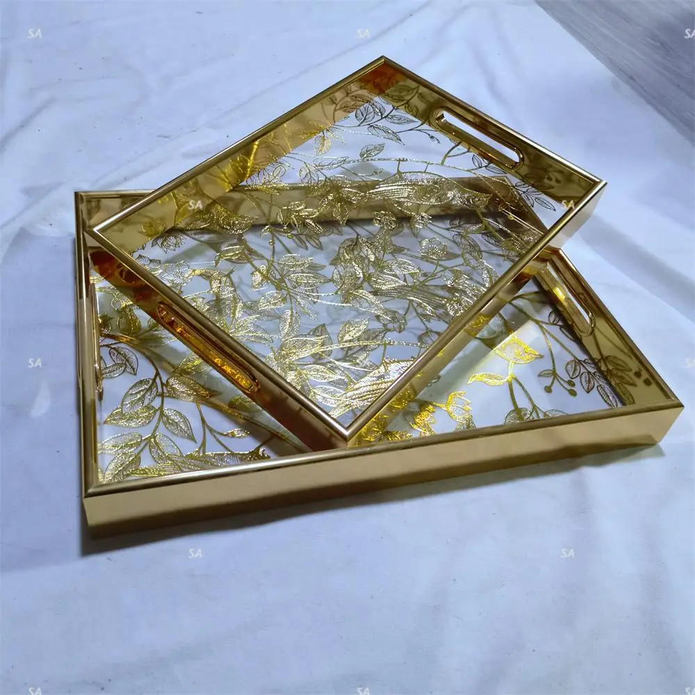 Luxury gold leaves unique design set of 2  matching glass home decorative tray serving tray