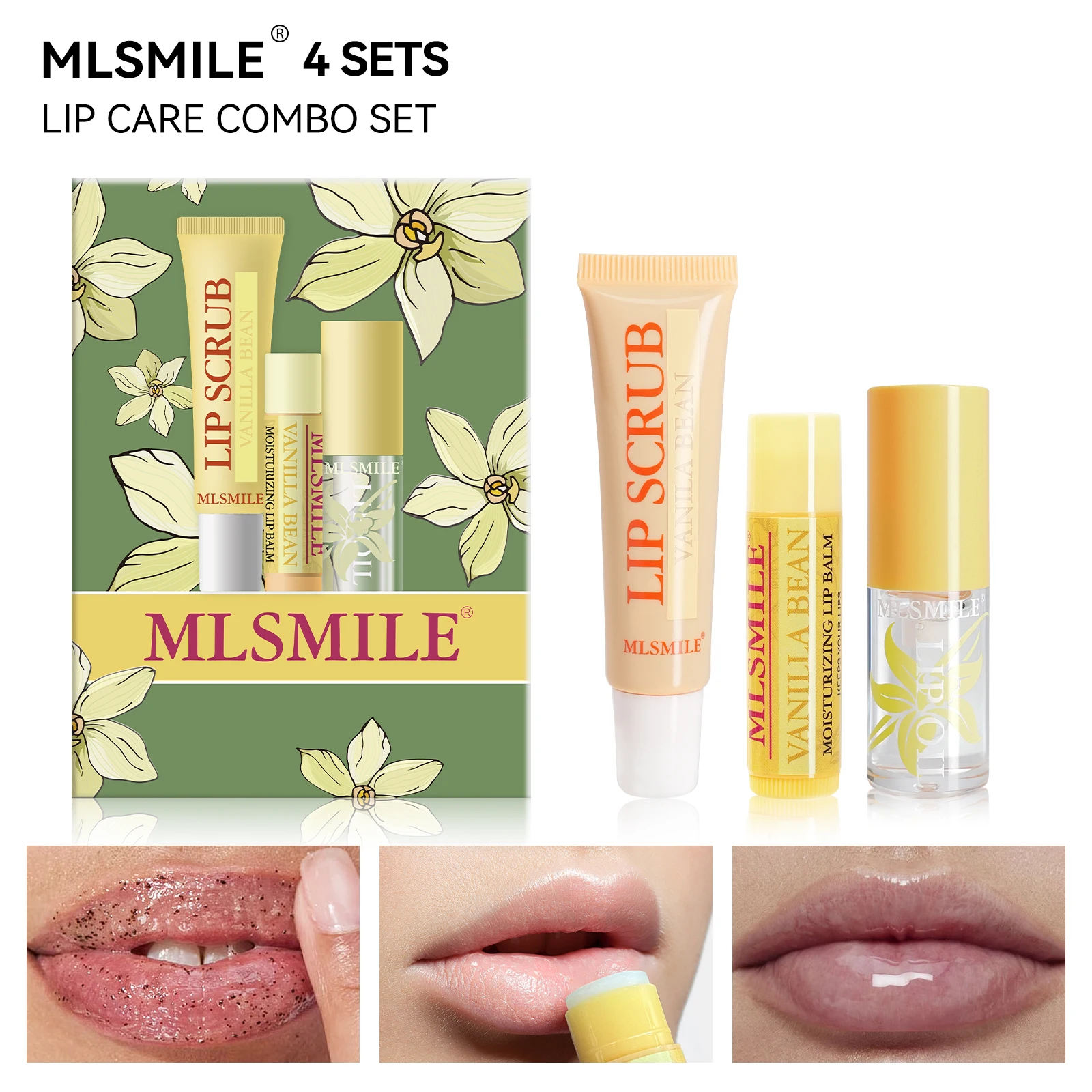 MLSMILE Lip Treatment Kit Anti-chapping Brighten Exfoliate Hydrating Smooth Scented Scrub & Balm & Oil 4 In 1 Lip Care Combo Set