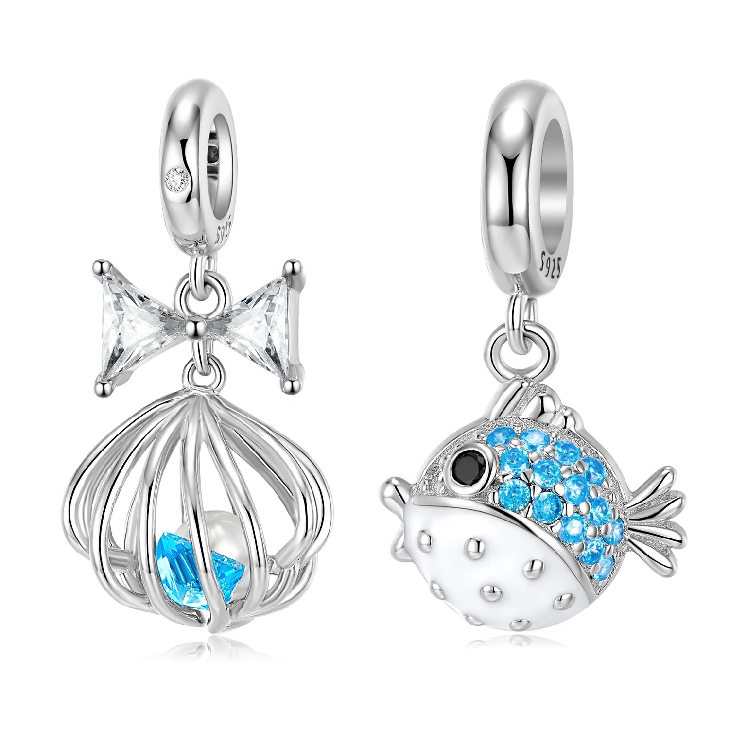 Openwork Shells and Puffer Fish Pendant with CZ Real 925 Sterling Silver beads Charm for Women Jewelry Charm Bracelet Wholesale