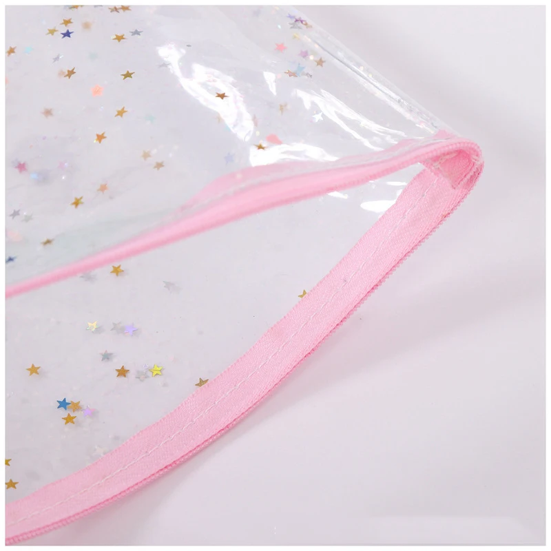 Light Pink Stars Transparent Wallet Clear Zipper Cosmetic Bag PVC Purse Organizer Bag Glitter Bag