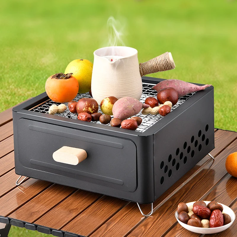 Portable Square Camping Barbecue Grill With Drawer Type Charcoal Brazier