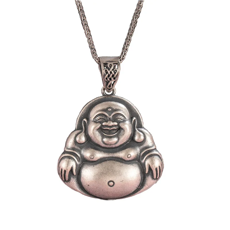 Chinese-style S999 full-foot silver vintage Maitreya Buddha pendant necklace to make old matte Buddha brand national wind Buddha