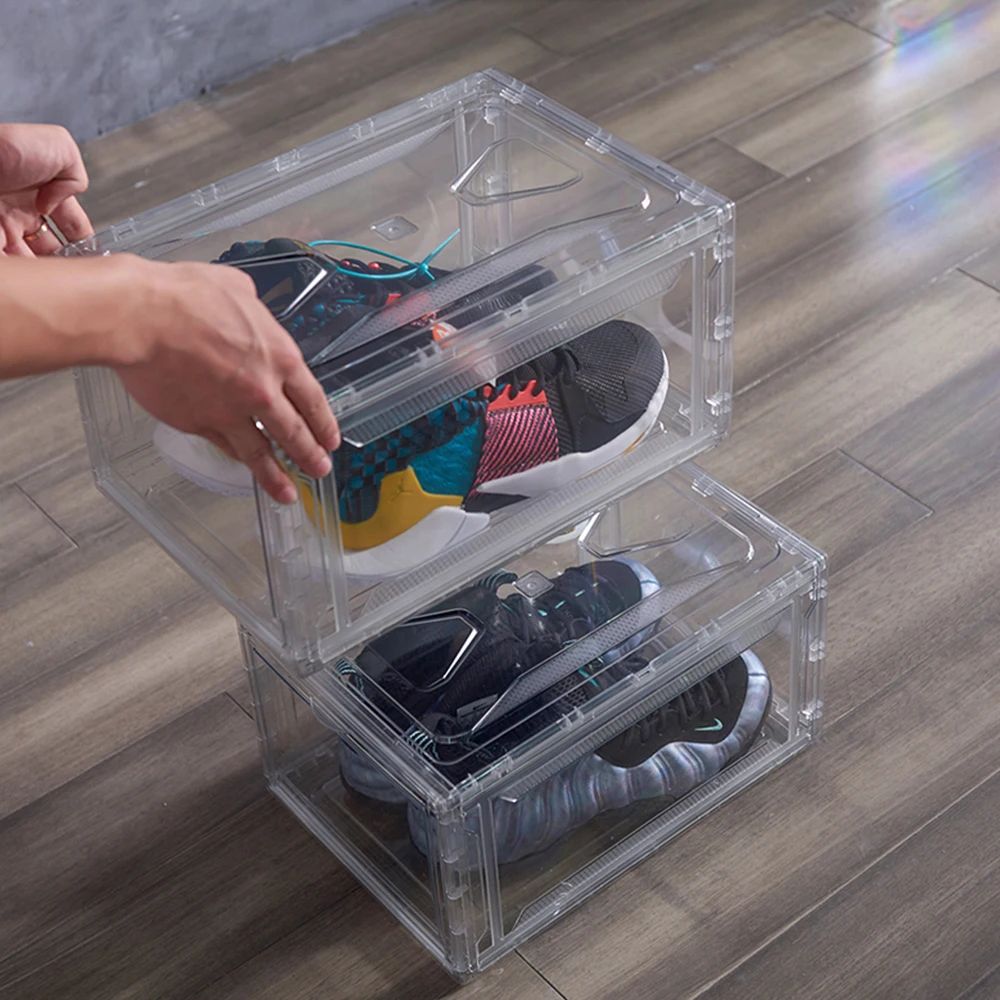 Wholesale men clear acrylic magnetic shoe boxes plastic transparent sneaker storage shoe organizer box