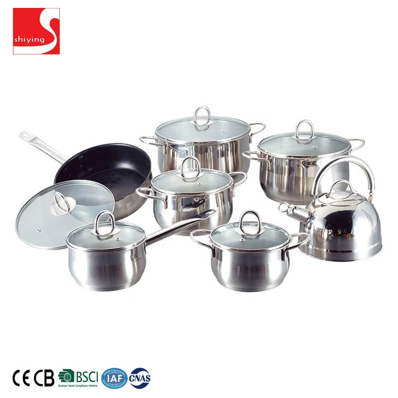Heat resistant stainless steel noodle cooking pot and pan cookware set with flat lid