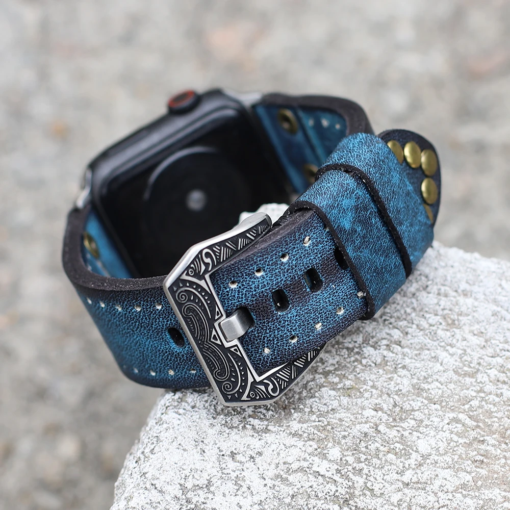 Classical Soft Leather Watch Strap With Rivets Vintage Watchband With Carved Buckle #C for Smart Watches