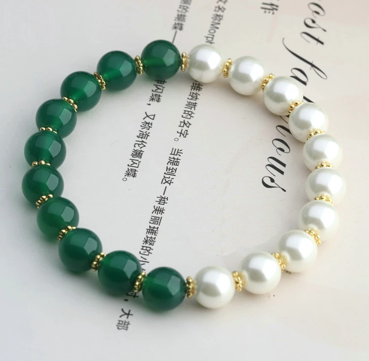 Natural Green Color Agate Beaded Shell Pearl Bungee Cord 7inches Bracelet